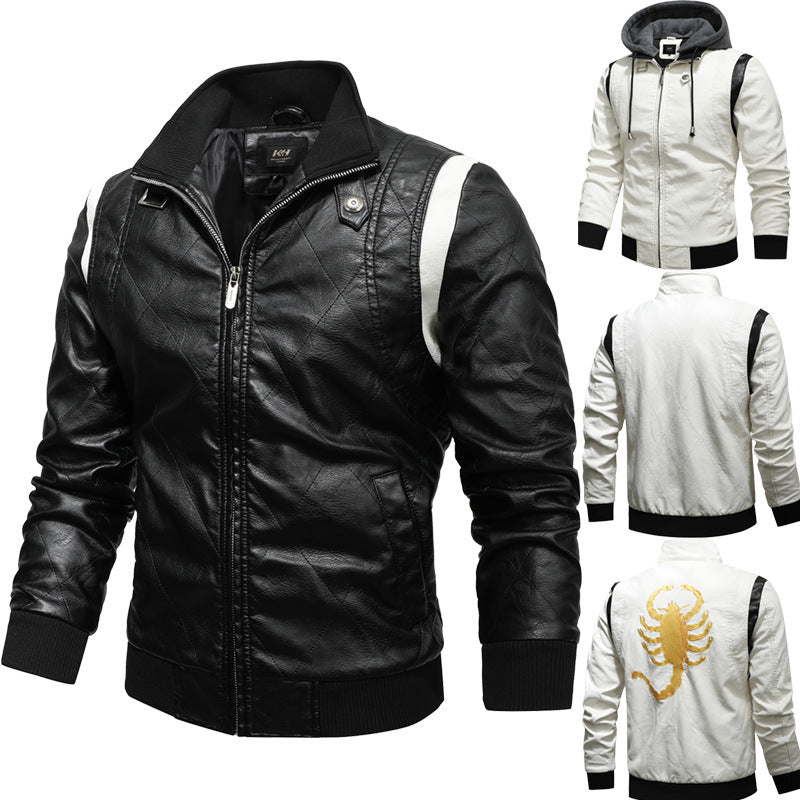 Men's PU Leather Scorpion Embroidered Back Design Drawstring Zipper Hoodie Jacket
