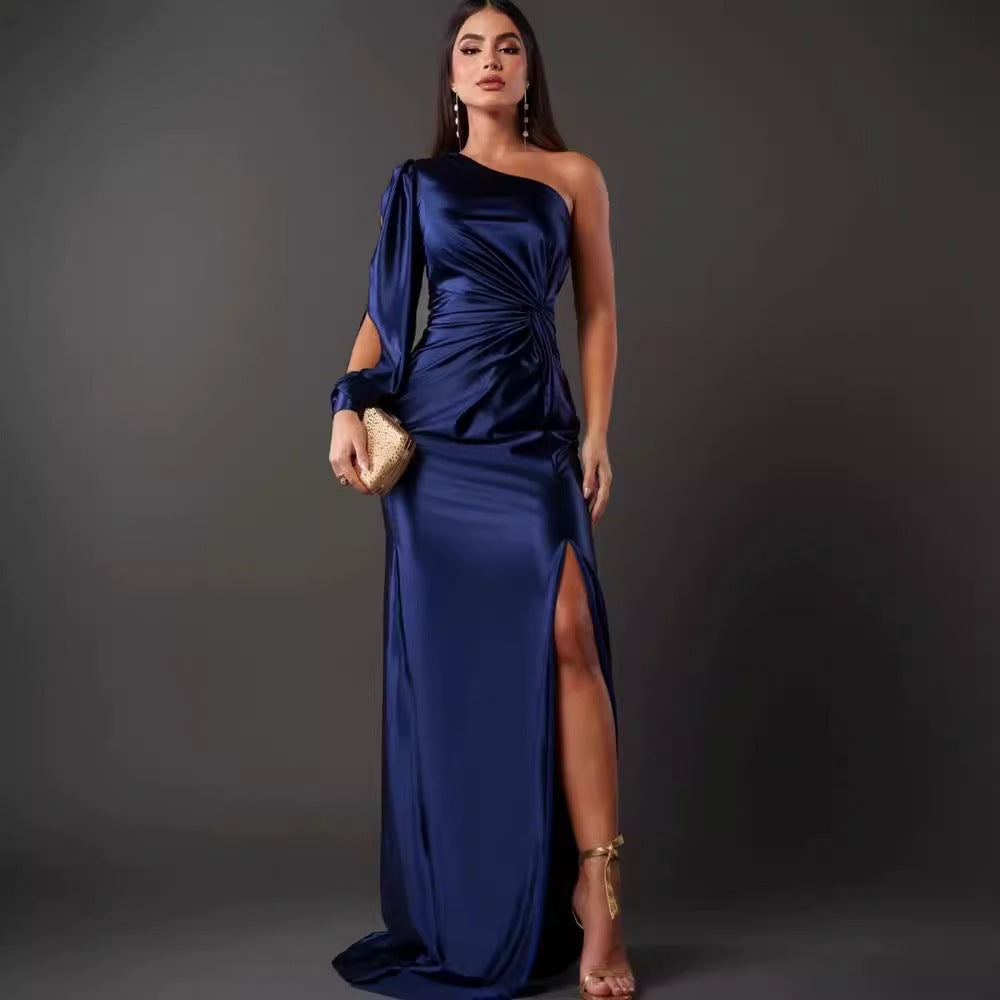 Satin Asymmetrical One Shoulder High Side Slit Long Sleeve Party Evening Formal Maxi Dress to 3X Plus Size-13 Colors