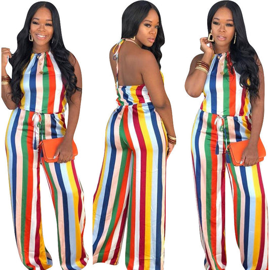 Rainbow Striped Print Sleeveless Women's Backless Jumpsuit
