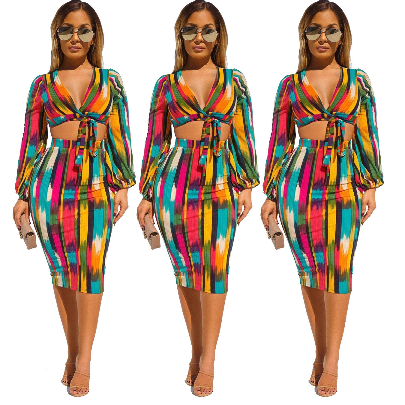 Tie-Dye Geometric Multicolored Striped Lace-Up Long Sleeve Crop Top + Midi Skirt Two-Piece Set
