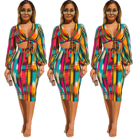 Tie-Dye Geometric Multicolored Striped Lace-Up Long Sleeve Crop Top + Midi Skirt Two-Piece Set