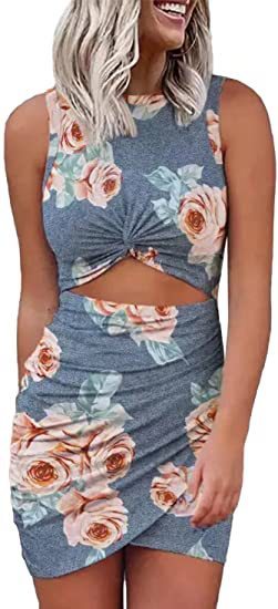 Ruched Tie-Dye/Leopard/Flower/Gradient Colorblock/Tropical Round Neck Hollow-Out Pullover Sleeveless Dress