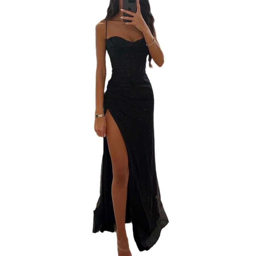 Sleeveless Sparkling Glitter Spaghetti Strap Design Evening Party/Prom Formal Dress