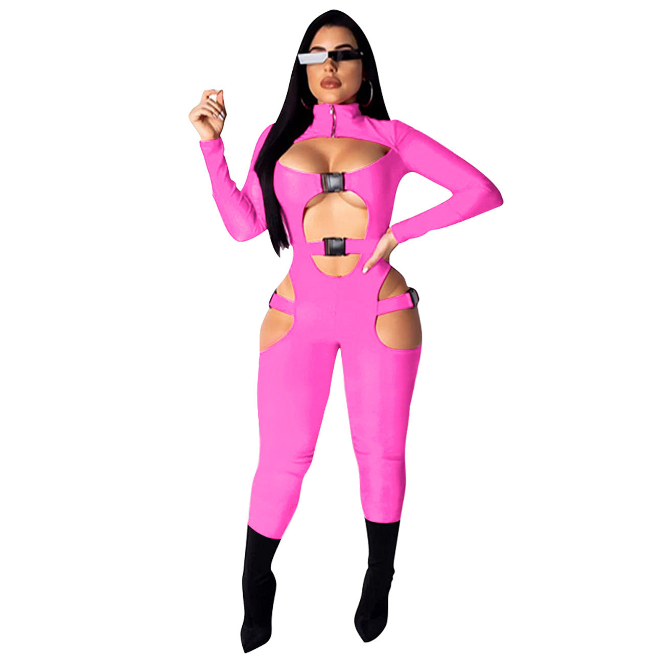 Sexy Hollow-Out Long Sleeve Solid Color Women's Skin Tight Jumpsuit