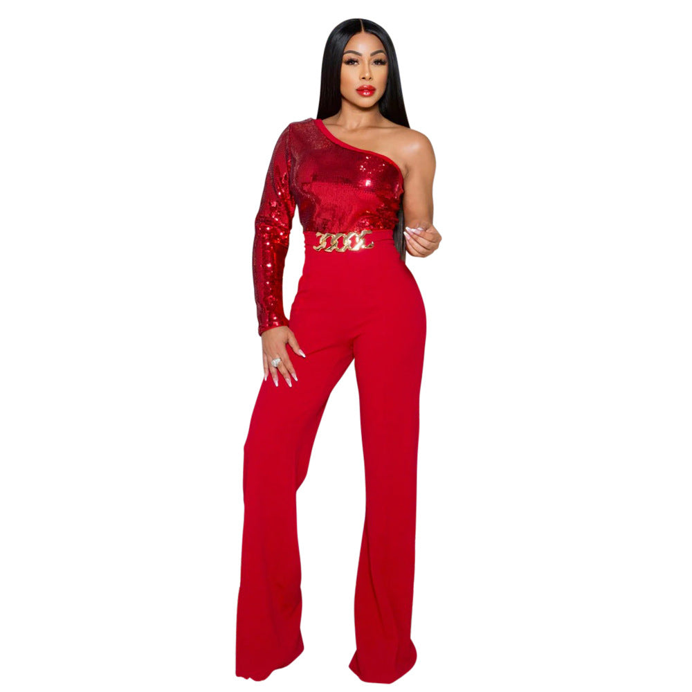 Sequin One Shoulder Sleeve Asymmetrical Sleeveless Gold Link Belt Design Women's Jumpsuit