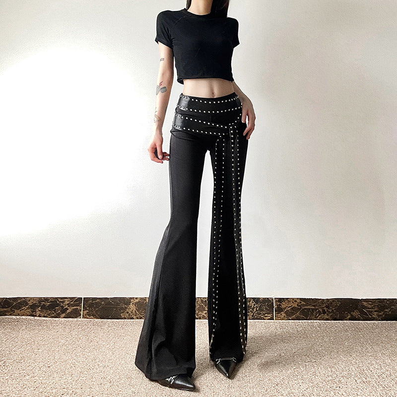 Black Rivet Design Flared Leg Women's Pants w/ Hanging Sash Belt
