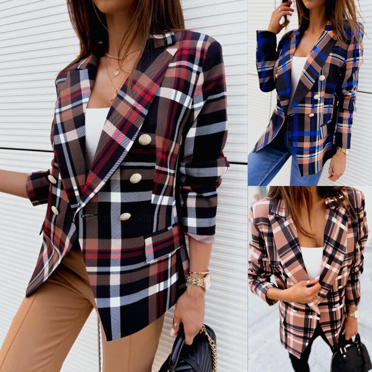 Plaid Geometric Print Gold Button Detail Long Sleeve Double Breasted Print Women's Blazer Jacket to 3X Plus Size