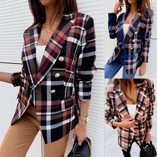 Plaid Geometric Print Gold Button Detail Long Sleeve Double Breasted Print Women's Blazer Jacket to 3X Plus Size