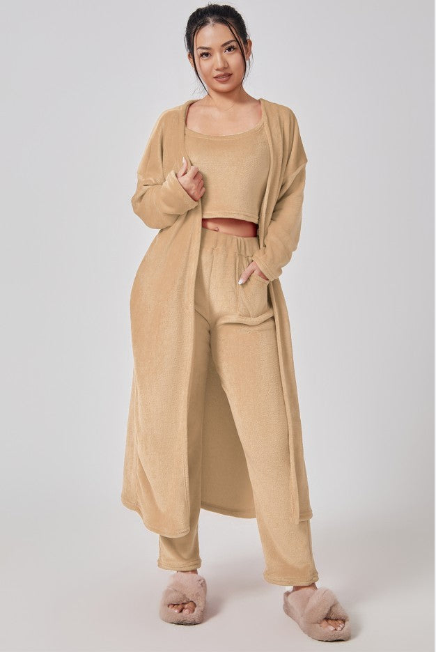 Women's 3-Piece Pajamas Sleepwear Set: Open Solid Color Maxi Cardigan Robe, Sleeveless Cami Top + Leggings