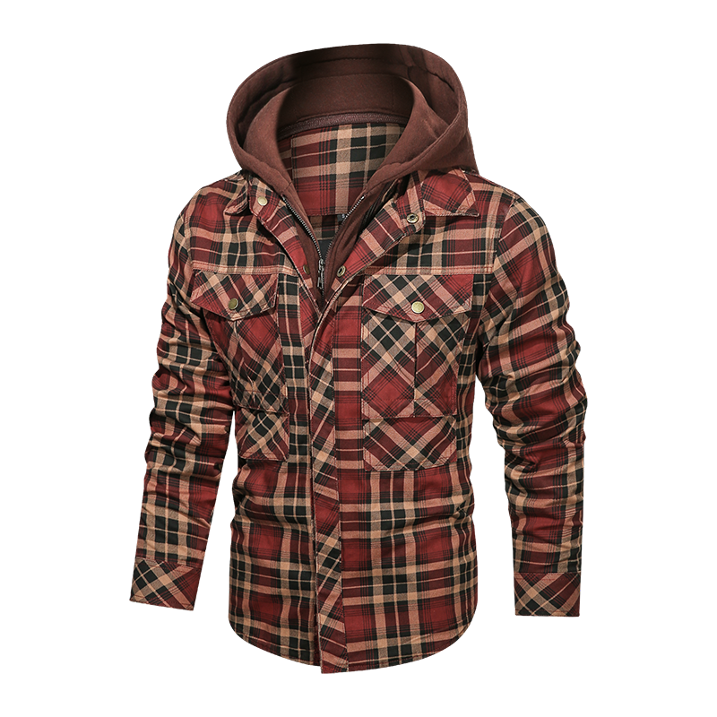 Layered Plaid Men's Fleece Detachable Slim Fit Hoodie Jacket