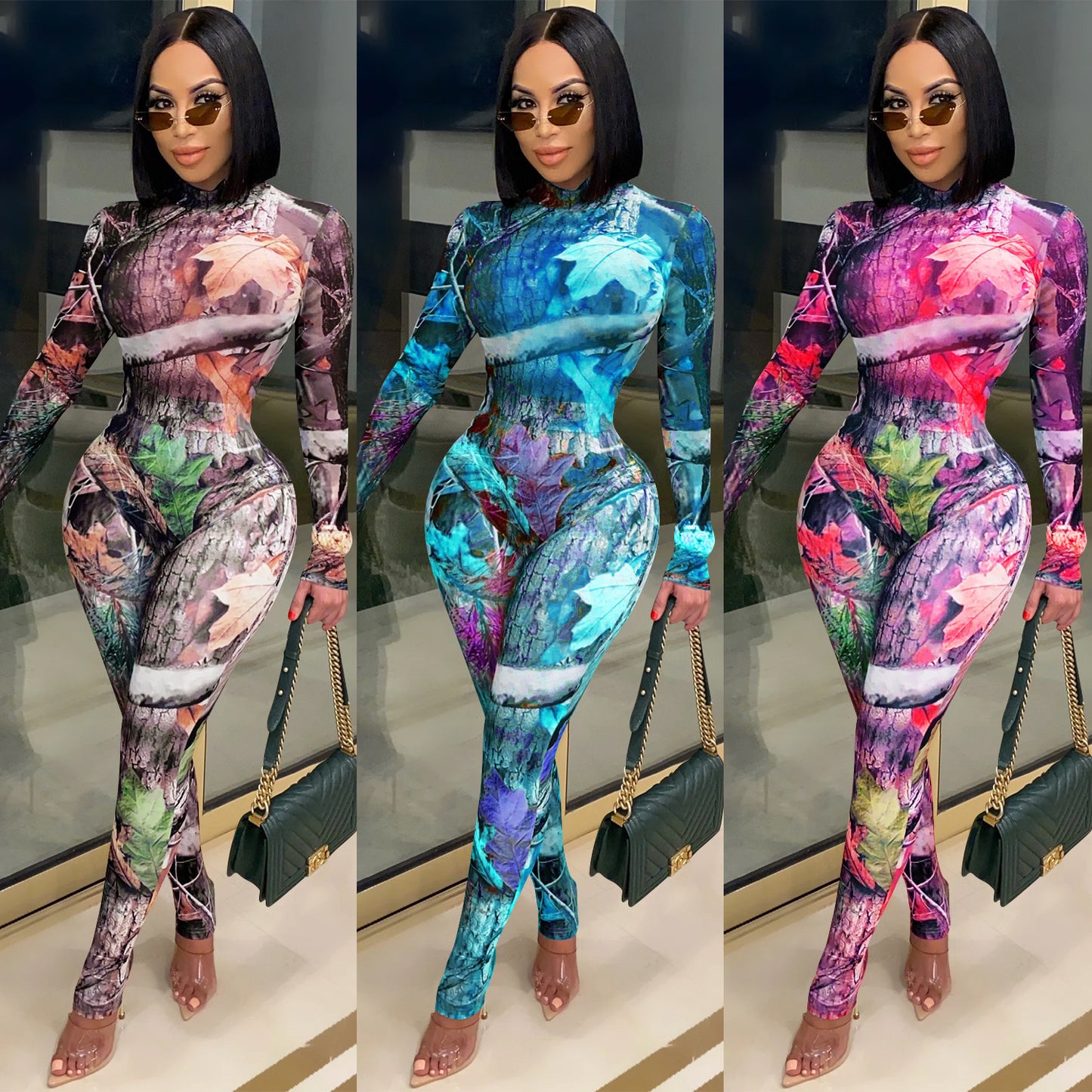 Mesh Sheer Transparent Floral Geometric Print Long Sleeve Women's Top + Skinny Leggings 2-Piece Set