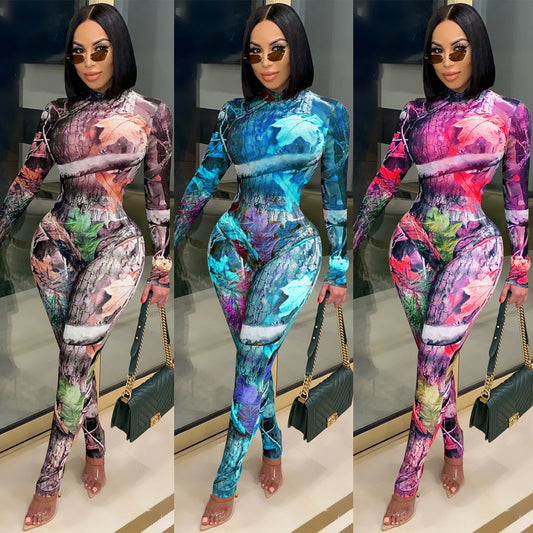 Mesh Sheer Transparent Floral Geometric Print Long Sleeve Women's Top + Skinny Leggings 2-Piece Set