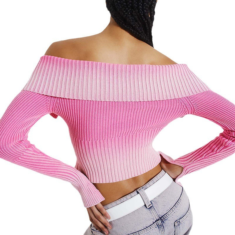 Gradient Zipper Front Off-the-Shoulder Long Sleeve Women's Crop Sweater