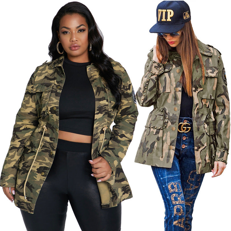 Camoflauge Print Rivet Embellished Turn-Down Collar Women's Button-Up Jacket to 5X Plus Size