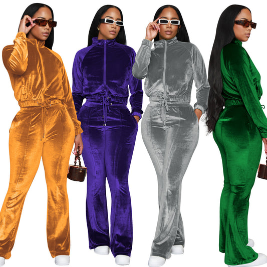 Velvet Drawstring Solid Color Women's Mandarin Collar Zipper Sweat Jacket + Sweatpants Tracksuit