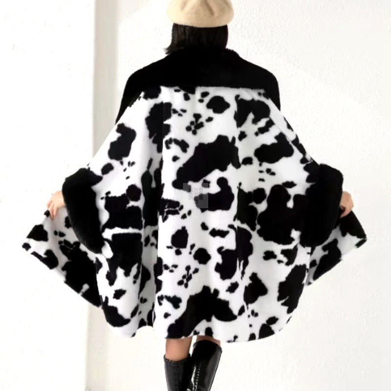 Oversized Faux Fur Collar Zebra/Cowhide/Leopard Print Black/White Women's Shawl Coat