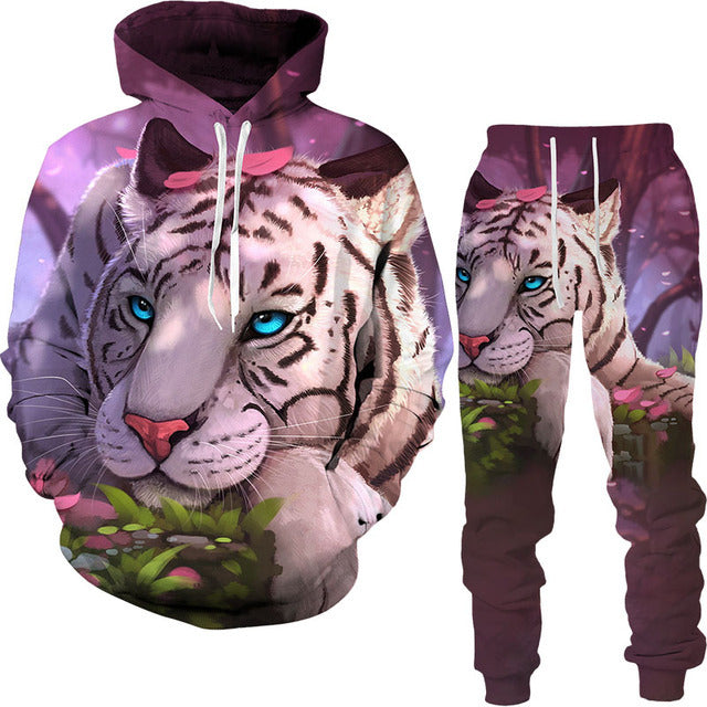 Men's 3D Lion King Print Drawstring Hoodie Sweatshirt + Sweatpants Tracksuit
