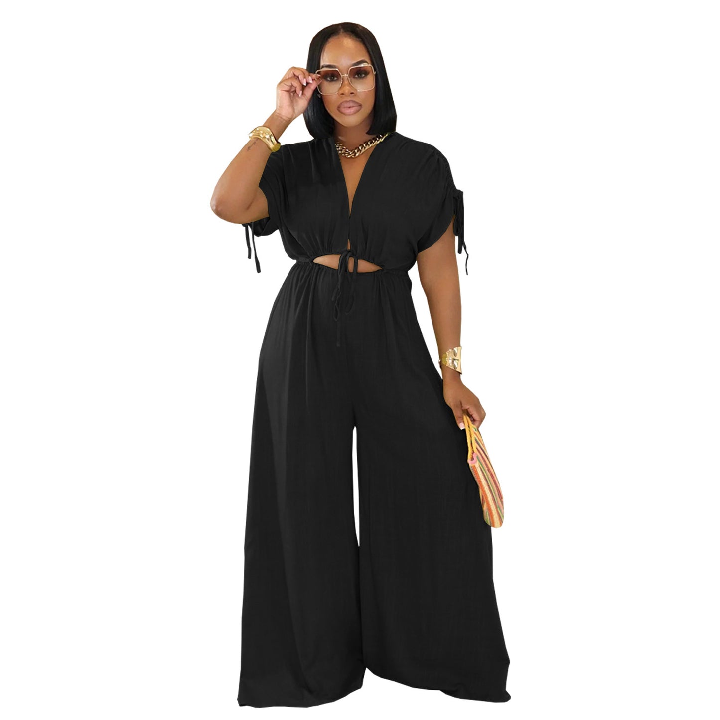 Drawstring V-Neck Solid Color Women's Casual Lace-Up Elastic Waist Wide Leg Jumpsuit