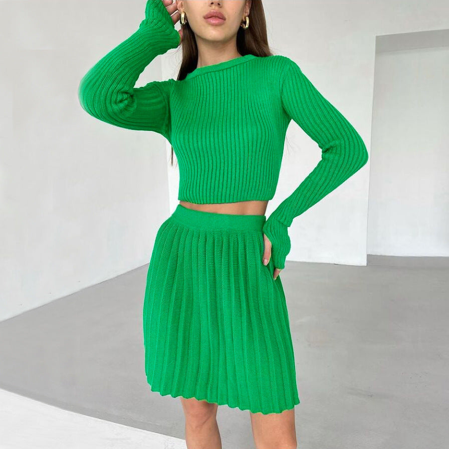 Ribbed Knitted Solid Color Women's Long Sleeve Sweater + Pleated Mini Skirt 2-Piece Set