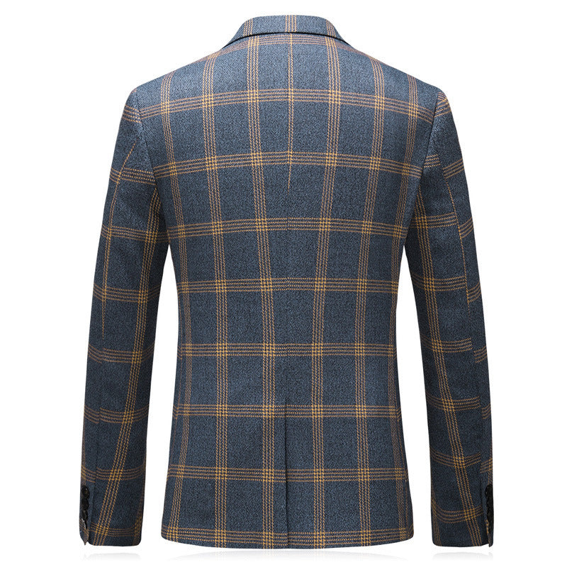 Men's Plaid Blue/Yellow Business Wedding Formal 3-Piece Suit w/ Vest