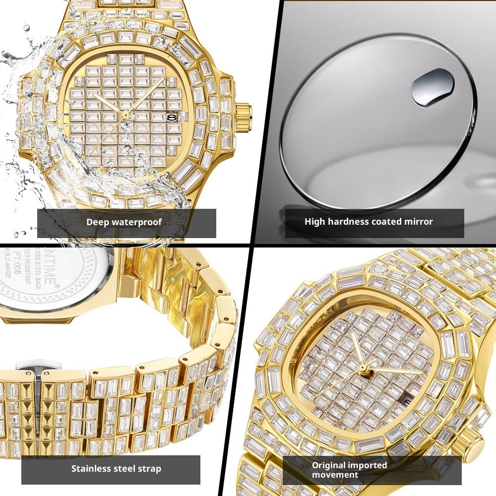 Men's Gold/Silver Full Square Metallic Diamond Hip-Hop Waterproof Calendar Quartz Watch