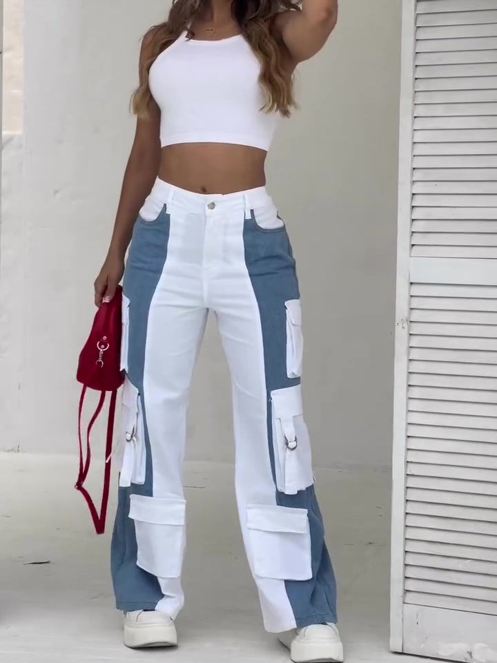Color Contrast Colorblock White/Blue Pocketed Women's Streetwear Cargo Jeans