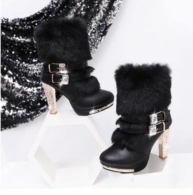 Rhinestone Embellished Faux Fur/Leather Chunky Stiletto Heel Women's Ankle Boots