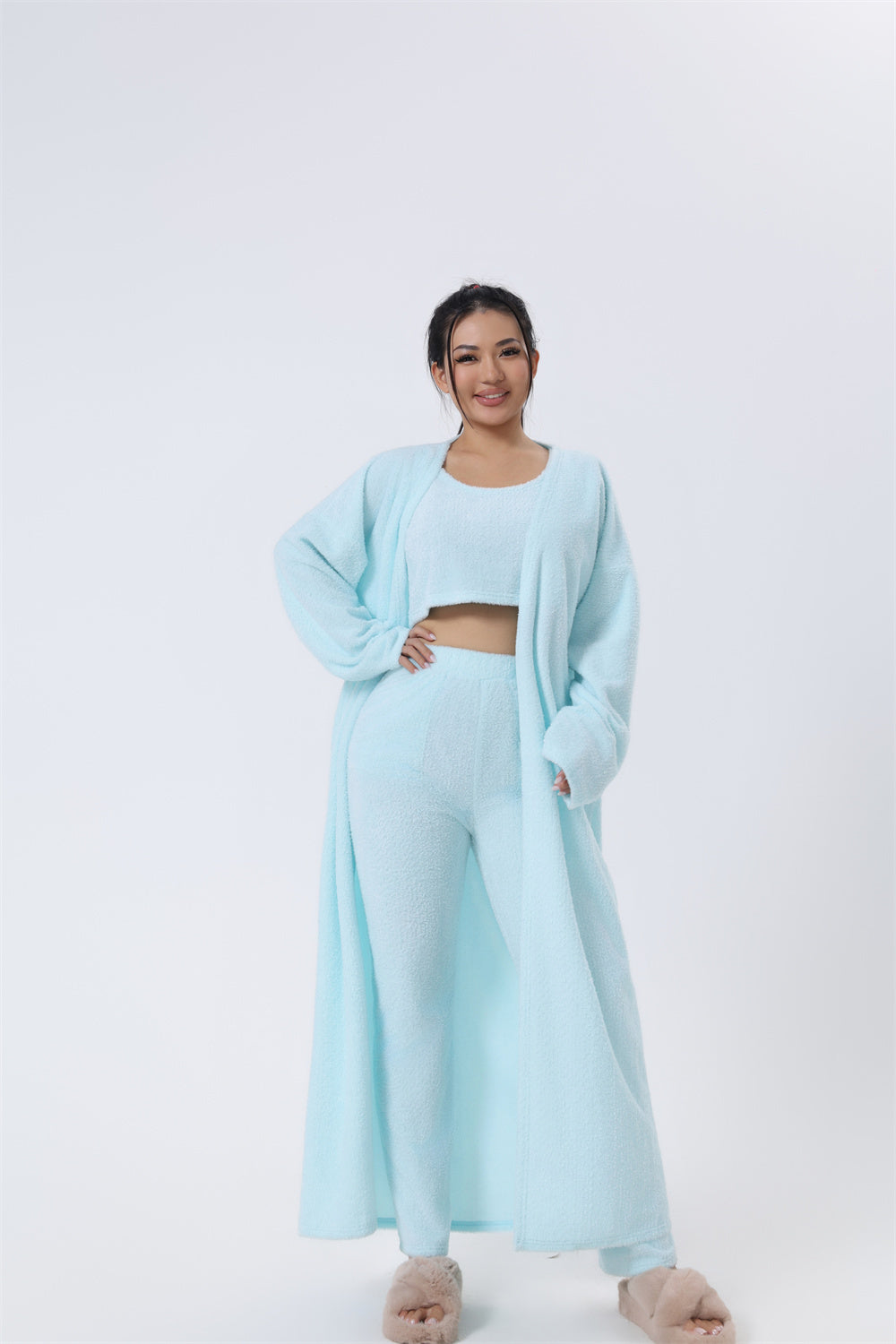 Women's 3-Piece Pajamas Sleepwear Set: Open Solid Color Maxi Cardigan Robe, Sleeveless Cami Top + Leggings