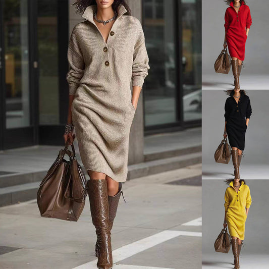 Knitted Button-Up Long Sleeve Stand Turn-Down Collar Pullover Sweater Dress to 3X Plus Size