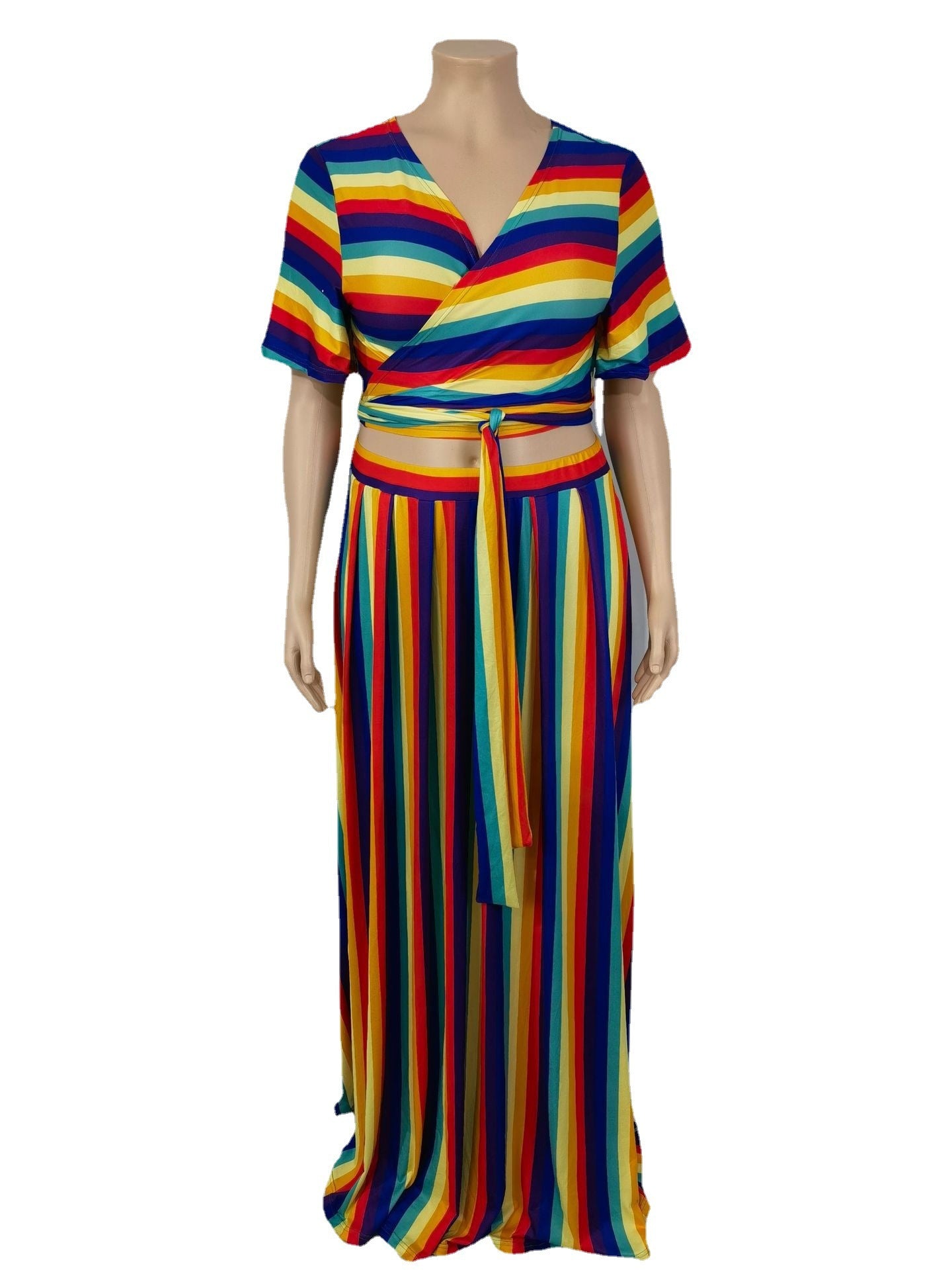 Rainbow Striped Lace-Up Women's Short Sleeve Crop Top + Maxi Skirt Skirt 2-Piece Set to 5X Plus Size