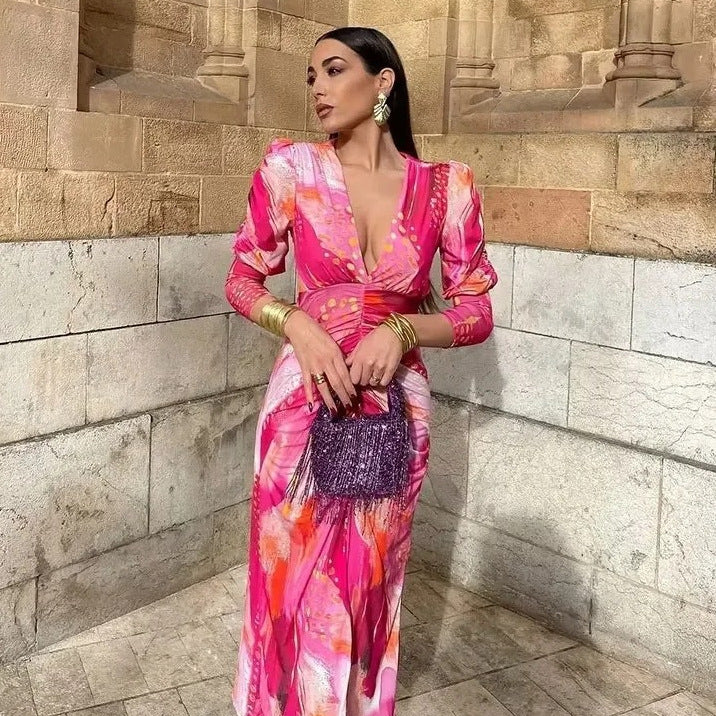 Ruched Pleated Floral Print Deep V-Neck Long Sleeve Maxi Dress