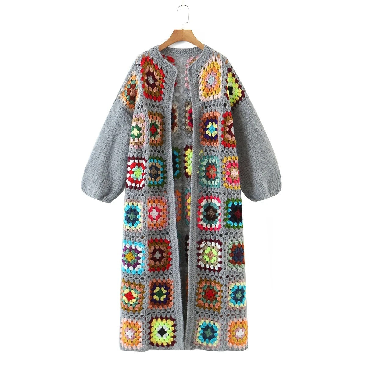 Crochet Floral Geometric Plaid Colorblock Pattern Women's Lantern Sleeve O-Neck Maxi Cardigan Sweater