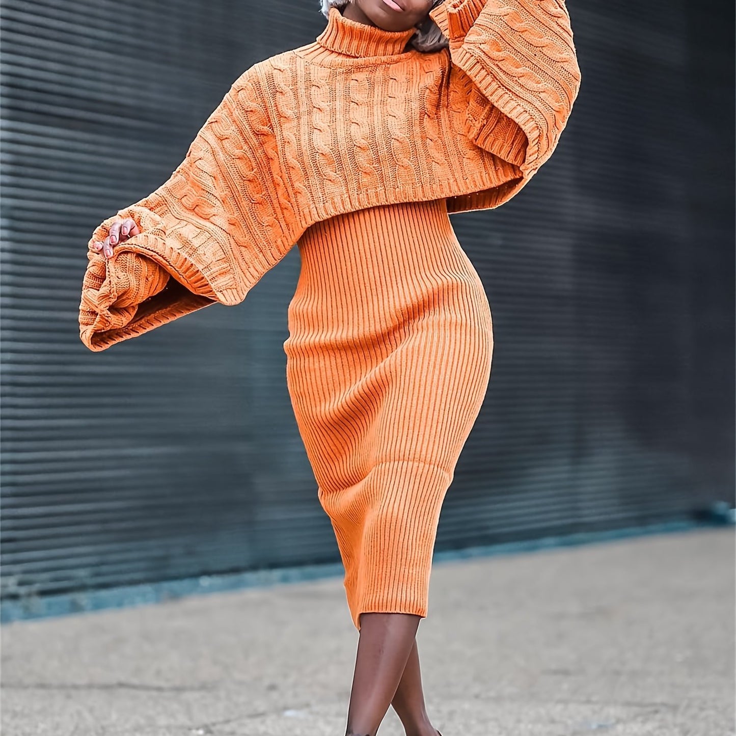 Turtleneck Knitted Weave Pattern Baggy Cape Sleeve Long Sleeve Sweater + Ribbed Tank Sweater Dress 2-Piece Set