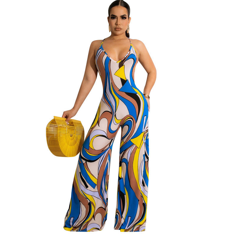 Swirl Print Blue/Yellow/White Sleeveless Spaghetti Strap Backless Women's Wide Leg Jumpsuit