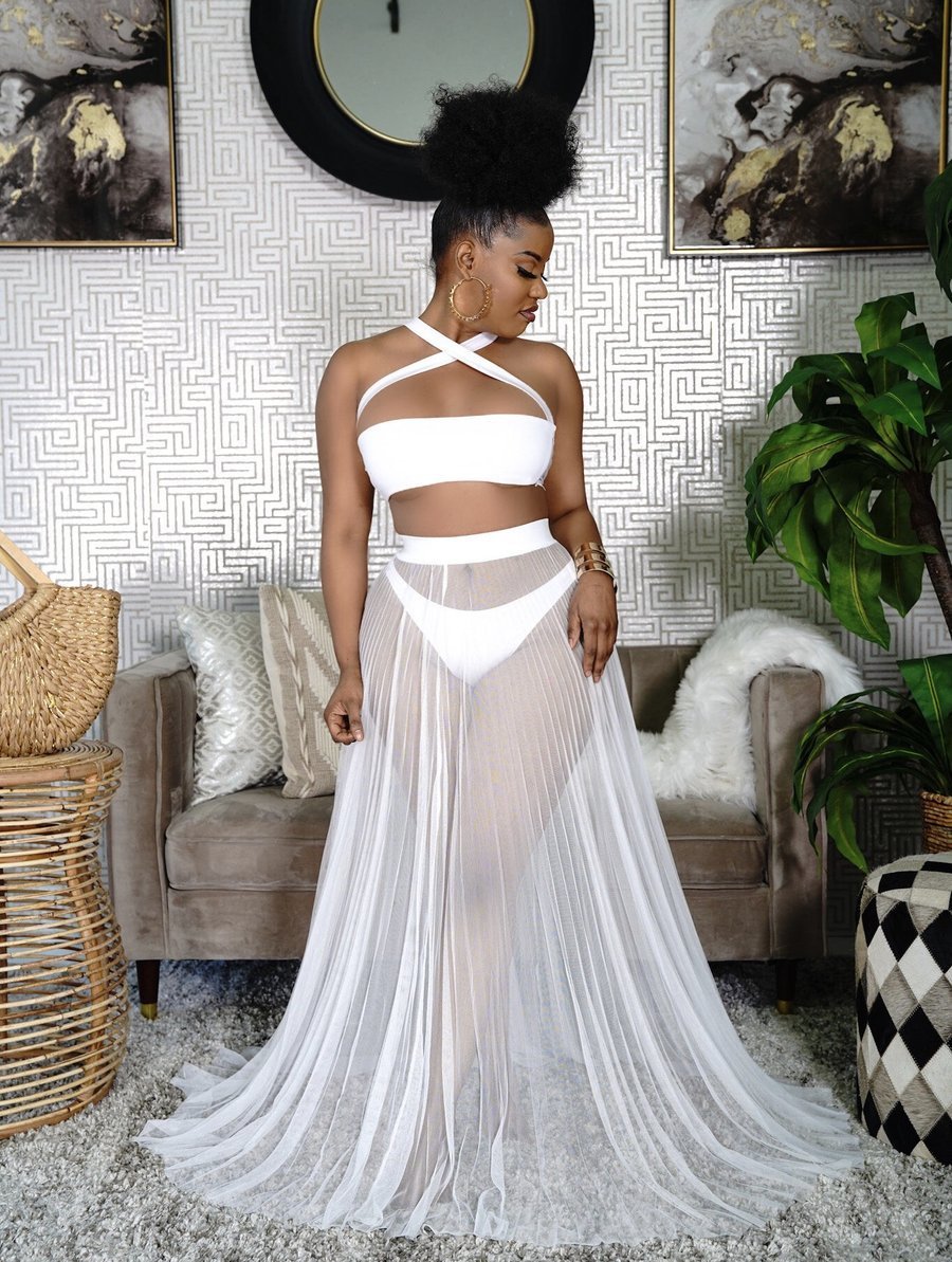 Criss-Cross Strap Bikini Swimsuit+ Mesh Transparent Flowing Maxi Skirt + 3-Piece Swimwear Cover-Up Set