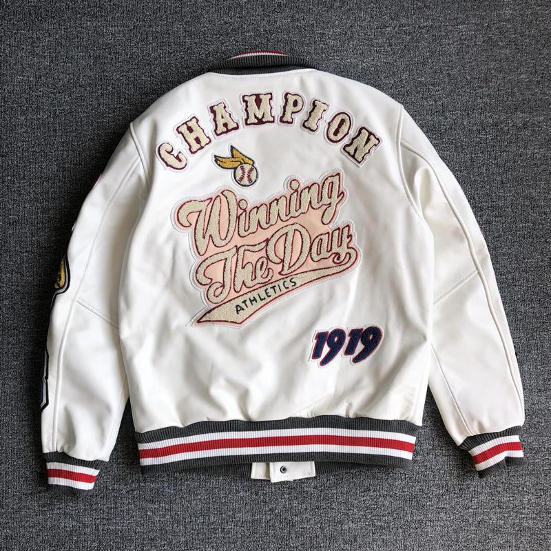 Men's White "Winning The Day" Patchwork Hip-Hop Letter Print Varsity Baseball Bomber Jacket