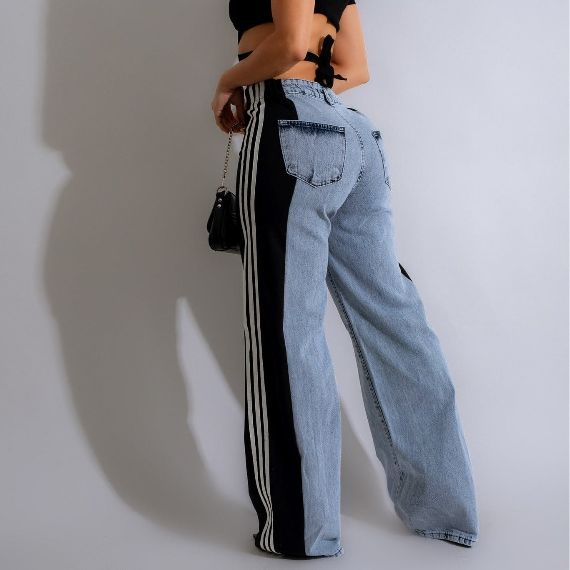 Side Striped Colorblock Denim Patchwork Wide Leg Streetwear Jeans