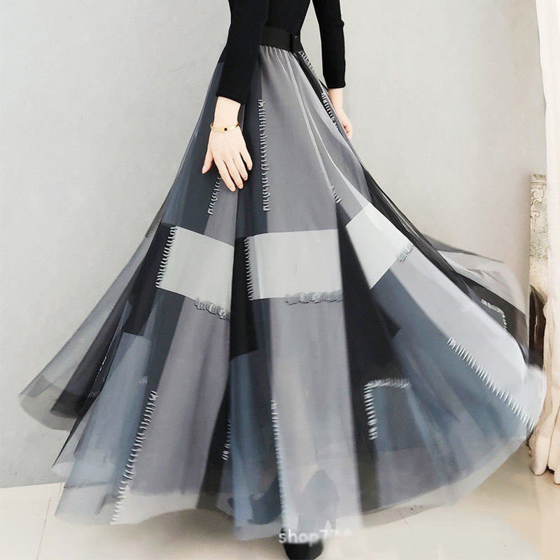 Oversized Mesh Sheer Plaid Colorblock Flared Maxi Big Swing Skirt