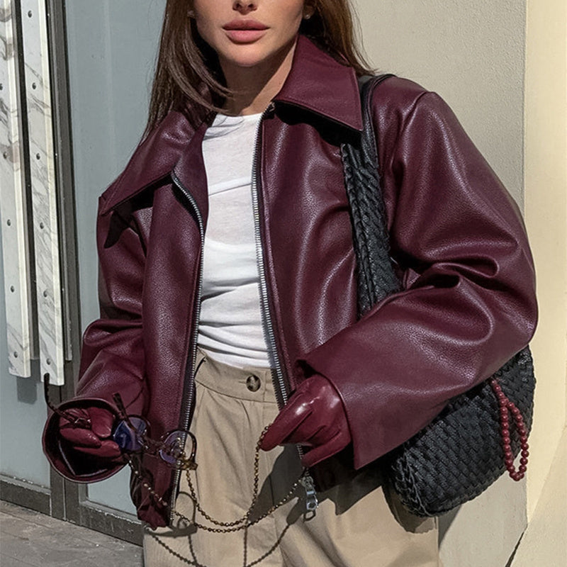 PU Leather Women's Solid Color Turn-Down Collar Long Sleeve Zipper Jacket