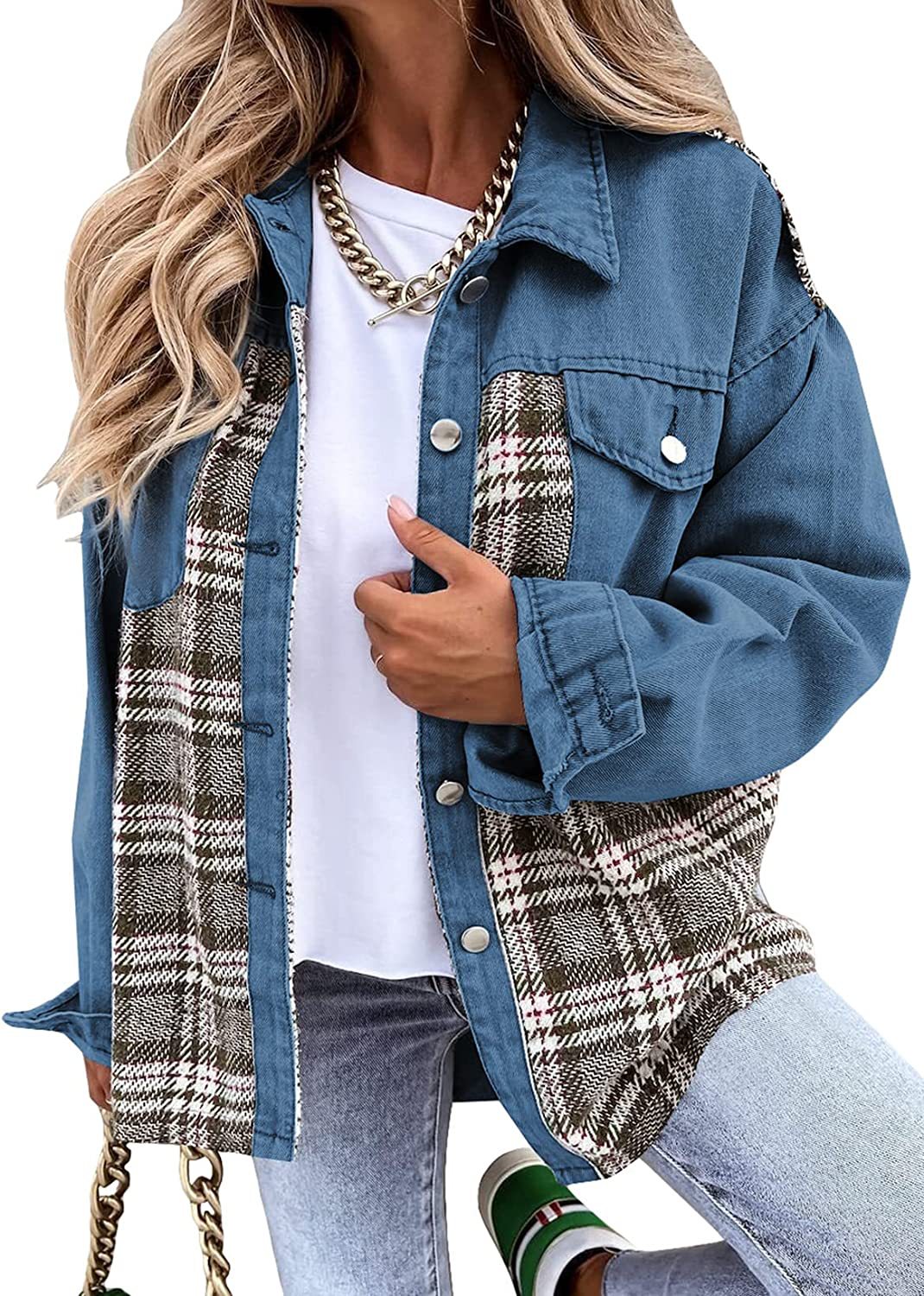 Denim Plaid Colorblock Print Long Sleeve Button-Up Women's Jean Shirt