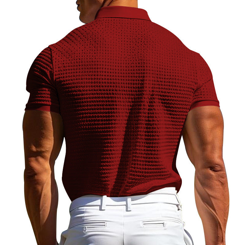 Men's Waffle Pattern Turn-Down Collar Short Sleeve Polo Shirt