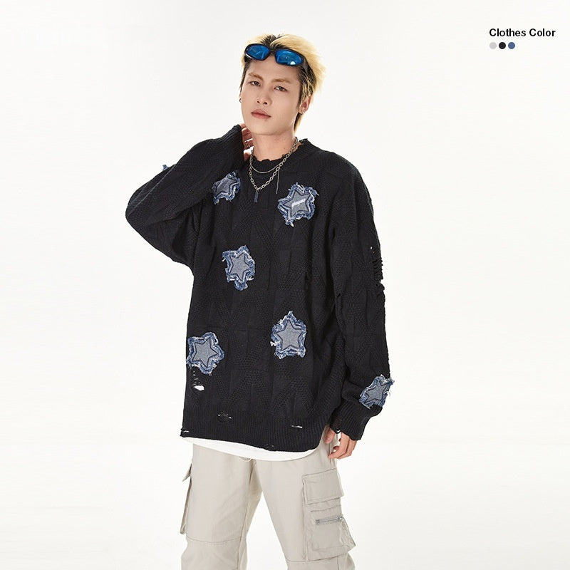 Men's Ripped Star Patch Embroidered O-Neck Loose Sweater