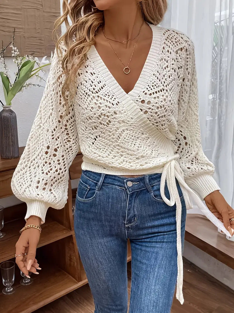Knitted Solid Color V-Neck Wrapped Lace-Up Lantern Sleeve Women's Sweater