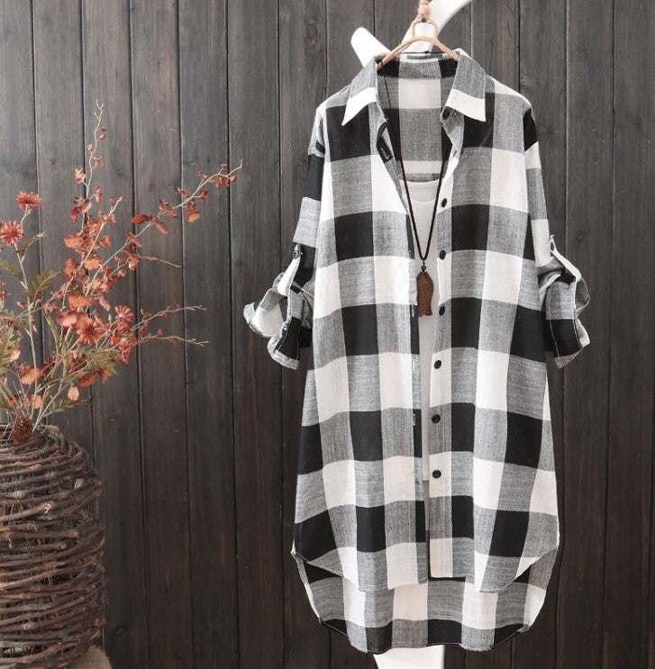 Plaid Checker Print Turn-Down 1/2 Sleeve Maxi Blouse to 3X Plus Size