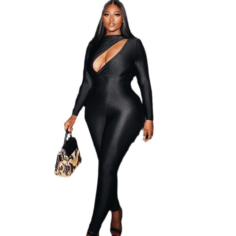 Black Cut-Out Design Long Sleeve Women's Skin Tight Jumpsuit