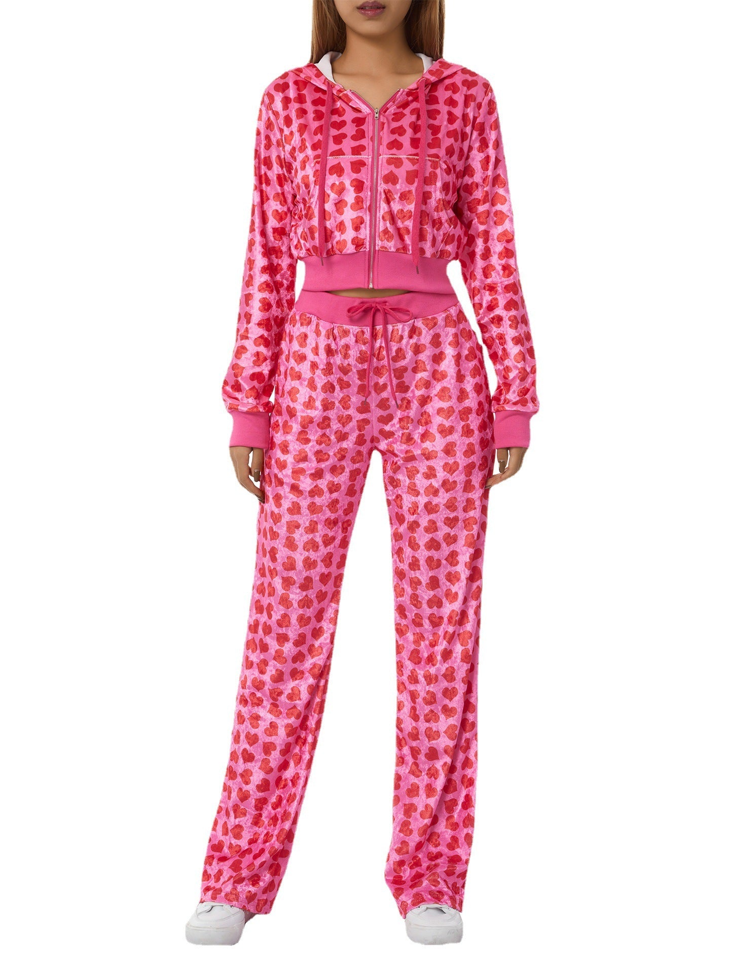 Velvet Pink/Red Heart Print Women's Hoodie Zipper Sports Jacket + Drawstring Sweatpants Tracksuit
