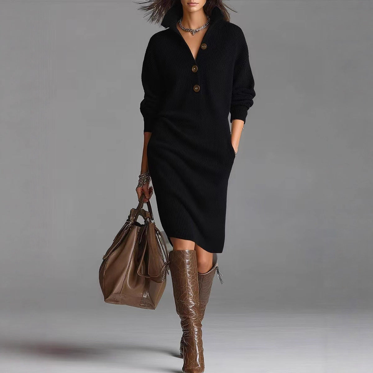 Knitted Button-Up Long Sleeve Stand Turn-Down Collar Pullover Sweater Dress to 3X Plus Size