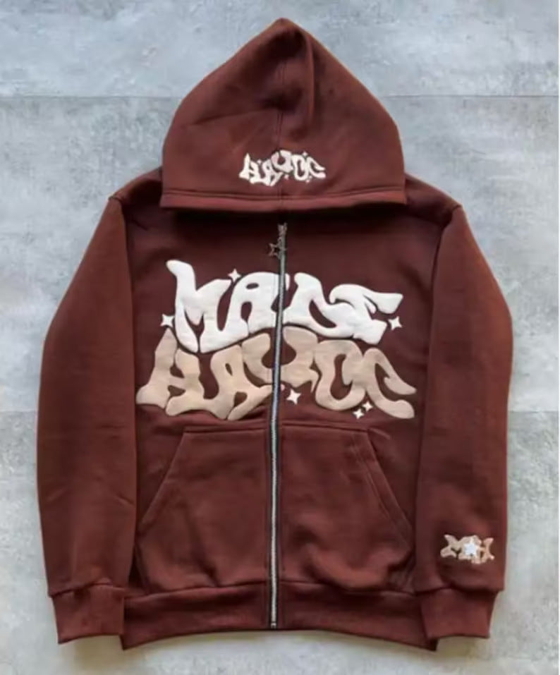 Men's Squiggly Letter Print Zipper Hoodie Sweatshirt