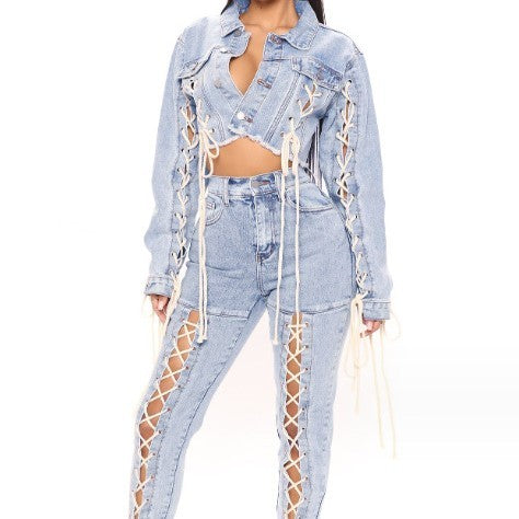 Sky Blue Denim Washed Lace-Up Women's Crop Jean Jacket to 4X Plus Size