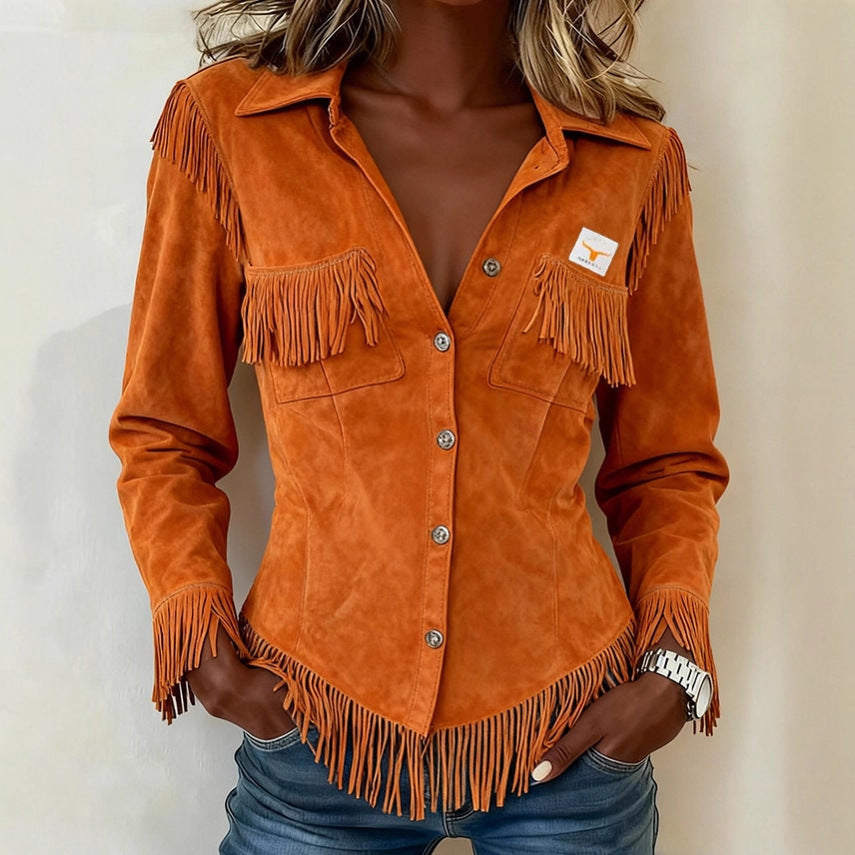 Orange Western Suede Velvet Tassel Fringe Design Long Sleeve Women's Rodeo Shirt